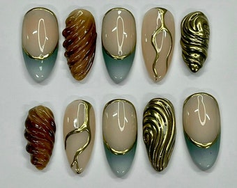 Freestyle Y2K Medium Almond Press On Nails, 3D Gel Gold Chrome Fake Nails for Birthday Party Holiday Vacation, Gift for Her