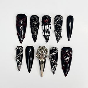 Black Obsession With Fangs And a Crow's Head Long Stiletto Press On Nails, Handpainted Luxury Acrylic Gothic/Goth Fake Nails, Emo Y2K Style