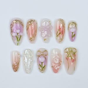 Fairy-Tale Press On Nails, Almond Nails With Gold Ribbons, Pearls & Floral Details, Perfect For A Dreamy Spring Manicure, Vacation, Or Gift