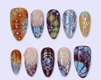 Free Style Press On Nails with Brown & Blue Abstract Swirl | Chrome Fake Nails in Medium Almond | Handmade Nail Art for Statement Looks