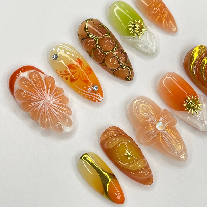 Sunset With Orange Fruit & 3D Flower Almond Press On Nails, 3D Gel Fairycore Fake Nails, Dreamy Nails for Birthday Vacation Holiday
