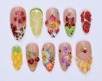 Summer Press On Nails Tropical Orchard with Leopard Print | 3D Floral Fake Nail in Medium Almond | Handmade Nail Art for Holiday, Vacation