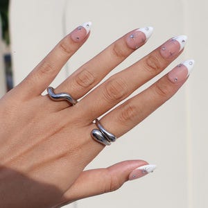 Minimal Press on Nails Silver Stars with White French Tip | Everyday Fake Nail Art in Short Almond | Handmade Nail Art for Holiday, Birthday