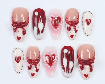 Press On Nail Valentine with Heart | Bow & Pearl Fake Nail in Medium Almond | Handmade Valentine Nail Art for Holiday, Anniversary, Birthday