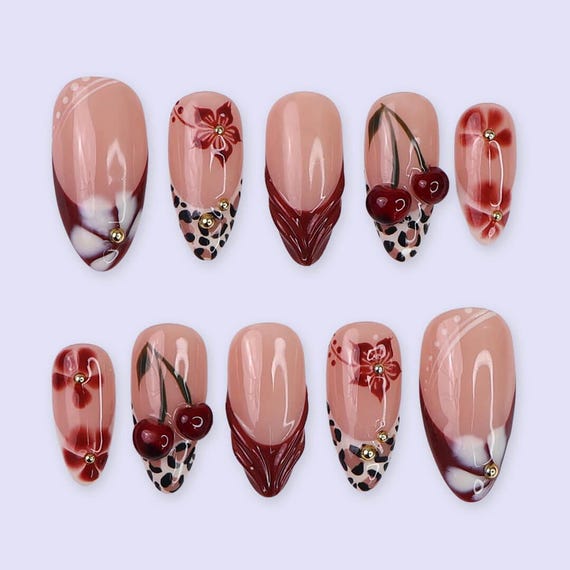 Autumn Press on Nails With Cherries & Leopard Print | 3D Floral
