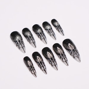 Spider Web Long Stiletto Halloween Press On Nails, Witchy Fake Nails Art for Spooky Season