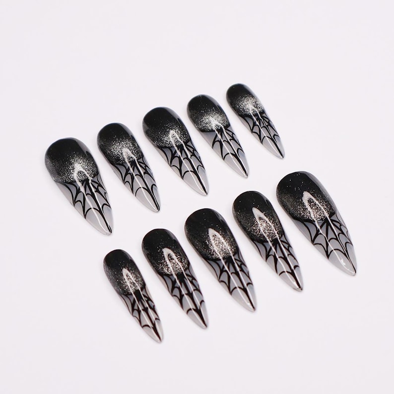 Spider Web Long Stiletto Halloween Press On Nails, Witchy Fake Nails Art for Spooky Season