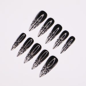 Spider Web Long Stiletto Halloween Press On Nails, Witchy Fake Nails Art for Spooky Season