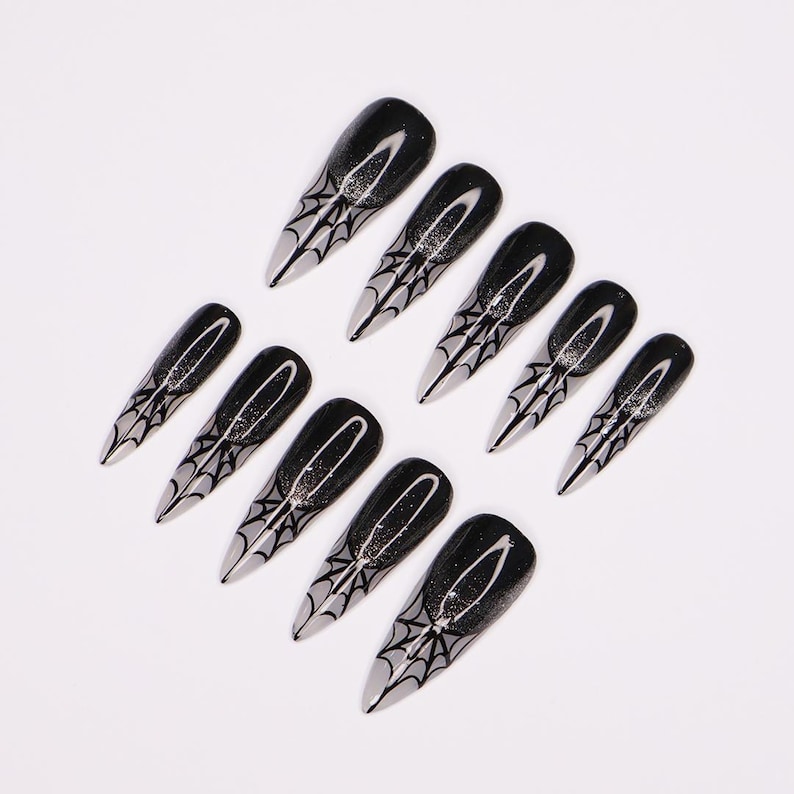 Spider Web Long Stiletto Halloween Press On Nails, Witchy Fake Nails Art for Spooky Season