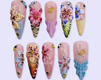 Summer Press On Nails With 3D Hibiscus And Shell | Long Almond Fake Nails | Tropical Handmade Nail Art For Beach Vacation, Party & Gift
