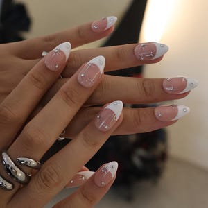Minimal Press on Nails Silver Stars with White French Tip | Everyday Fake Nail Art in Short Almond | Handmade Nail Art for Holiday, Birthday