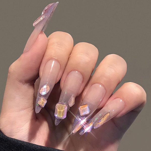 Luxury Crystal Diamond Long Stiletto Press On Nails, Custom Handpainted Purple Acrylic Fake Nails, Bling Birthday Nails