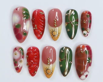 Freestyle Red & Green with Gold Chrome Long Coffin Press On Nails, Air Brush Fake Nails, Edgy Chrome Nails, Birthday Party Holiday Nail