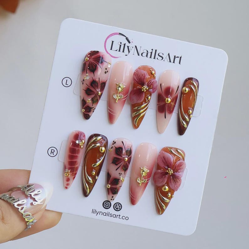 Autumn Press On Nails with 3D Floral Burgundy & Gold Line | Fake Nails in Long Almond | Handmade Nail Art for Fall Looks, Parties Or Gifts