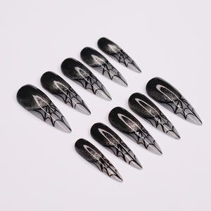 Spider Web Long Stiletto Halloween Press On Nails, Witchy Fake Nails Art for Spooky Season