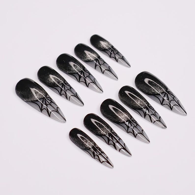 Spider Web Long Stiletto Halloween Press On Nails, Witchy Fake Nails Art for Spooky Season