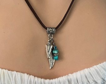 Feathers Arrowhead and Turquoise Beads Pendant and earring set, Western, Navaho, Boho style, Necklace and Earrings sold separately