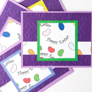 Ensemble de cartes de voeux de Pâques faites main - 4 cartes lumineuses et gaies pour enfants et adultes - Jelly Beans Design