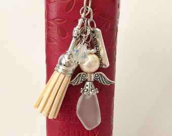 Handmade Christian Bookmark: Metal Feather, Prayer Warrior Theme, Sea Glass Angel, Cross, and Crystal Bead - Available in Multiple Colors