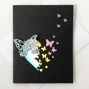 Carte de voeux faite main - Papillon 3D, design noir et argent, carte de condoléances élégante
