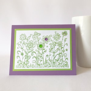 Handcrafted Embossed Note Card – Flower Garden Design with Gemstone Embellishments