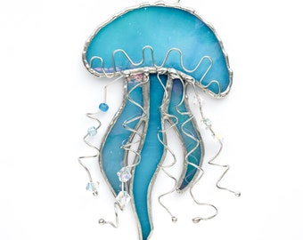 Suncatcher, Handmade Stained Glass Jellyfish, Sea Animals, Window Hangings, Unique Glass Art, Ocean Gifts, Aquatic decor