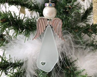 Angel, Frosted White Sea Glass Ornament with silver wings, Christmas Tree Decor, Sympathy Memorial Gift, Stocking Stuffer Hostess Gift