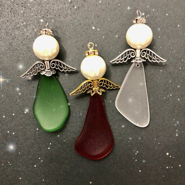 Sea Glass Handcrafted Christmas Tree Angel Ornament, for Elegant Holiday Decor and Thoughtful Gifts, Memorial Gift,