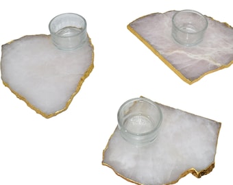 Natural Rose Quartz Slice Candle Holder - Elegant White Quartz Coasters Set with Gold Edges - Rose Quartz Slabs Tea light Candle Holder