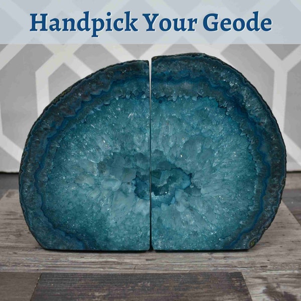 Teal Agate Bookend Pair - 2 to 9 lbs - Geode Book Stoppers Crystal Bookends for Heavy Books in Beach Nautical Decor Unique Bookends