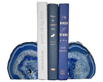 Blue Agate Geode Book Ends Bookshelf Décor - Genuine Gemstone Bookend for Office Table Décor - Heavy Duty Book Holder Gifts for Readers