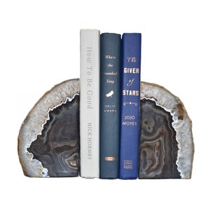 Black Agate Book Ends 2 to 9 lbs Shelf Decor Brazilian Black Agate Book Holder for Book Lover Aesthetic Geode Book Display Bookend image 1