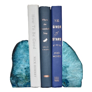 May include: A pair of blue agate bookends holding up three books. The book titles are "How To Be Good" by Nick Hornby, "Where the Crawdads Sing" by Delia Owens, and "The Giver of Stars" by Jojo Moyes.