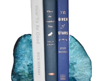 Teal Agate Bookend Pair - 2 to 9 lbs - Dyed Agate Crystal Bookend Pair of Geode - Aqua Stone Book Holder Table Decor - Bookends Gift