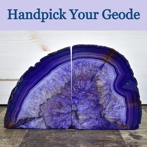 Purple Agate Bookends - 2 to 9 lbs - Dyed Decorative Geode Book Stoppers with Royal Theme - Crystal Book Ends as Eclectic and Unique Gifts