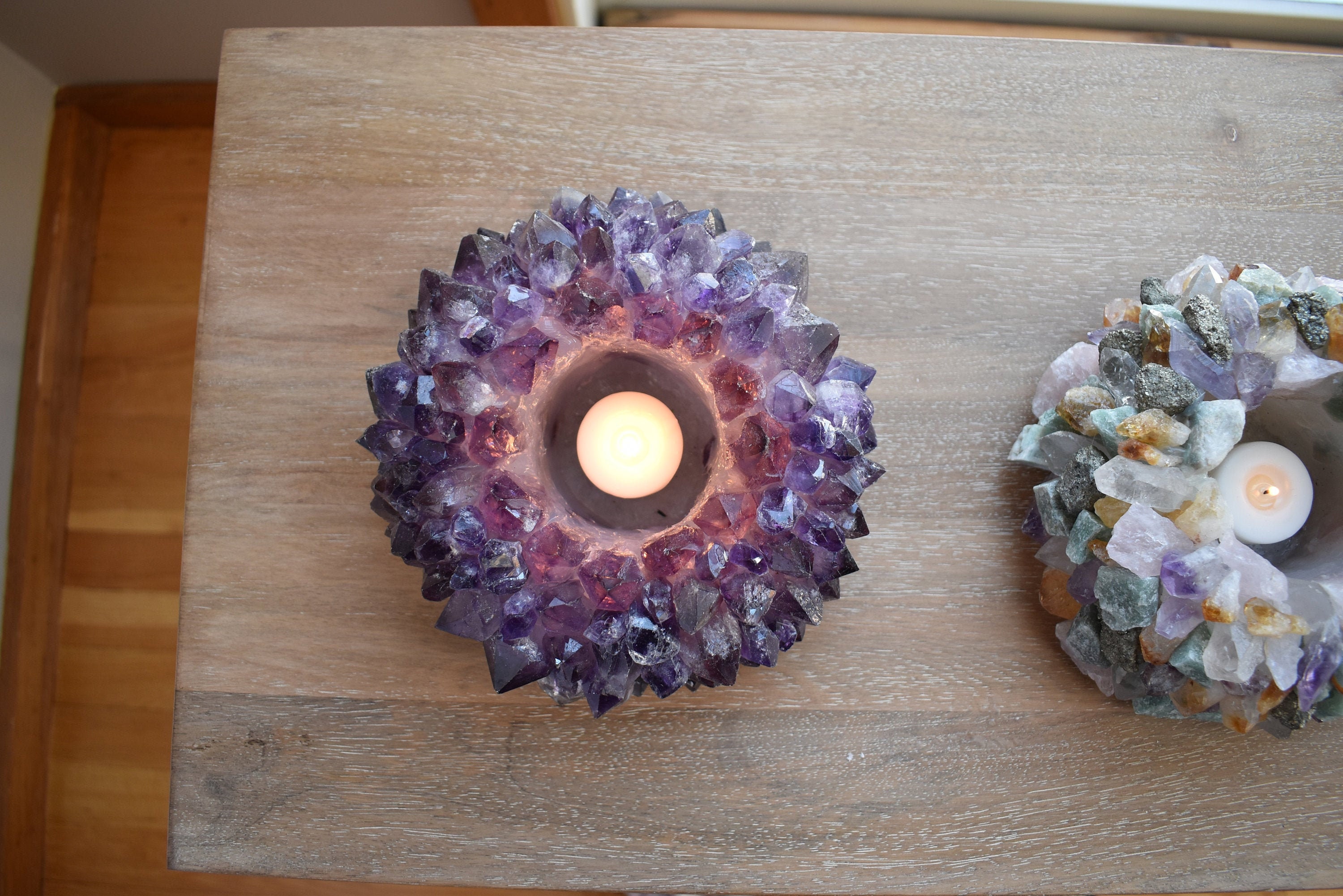 Amethyst Candle Holder, Crystal Candlestick Stone Votive Shelf Décor, Tealight Purple Candle, Home Décor Gift
