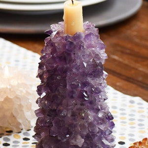 Natural Crystal Candle Holder Boho Decor - Candlestick Holder Long Candle Holder - Purple Stone Candle Holder - Tall Crystal Candle Holder