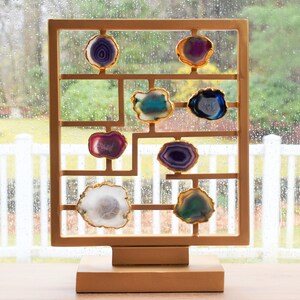 Natural Geode Agate Slice Stand, Crystal Centerpiece, Table Home Décor, Stone Crystal Gold Stand, Housewarming Gift, Living Room Décor