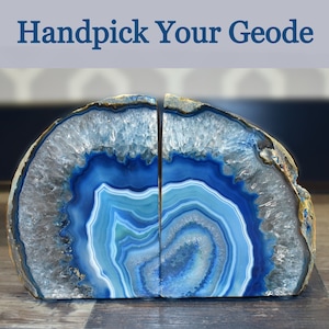 Blue Agate Bookends - 2 to 9 lbs - Dyed Geode Book Ends Pair of Brazilian Agate Bookends -Coastal Book Stoppers -Heavy Bookends Crystal Gift