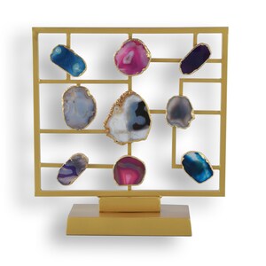 Natural Geode Agate Slice Stand, Crystal Centerpiece, Table Home Décor, Stone Crystal Gold Stand, Housewarming Gift, Living Room Décor