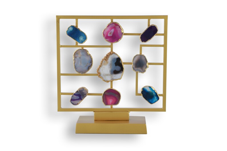 Natural Geode Agate Slice Stand, Crystal Centerpiece, Table Home Décor, Stone Crystal Gold Stand, Housewarming Gift, Living Room Décor