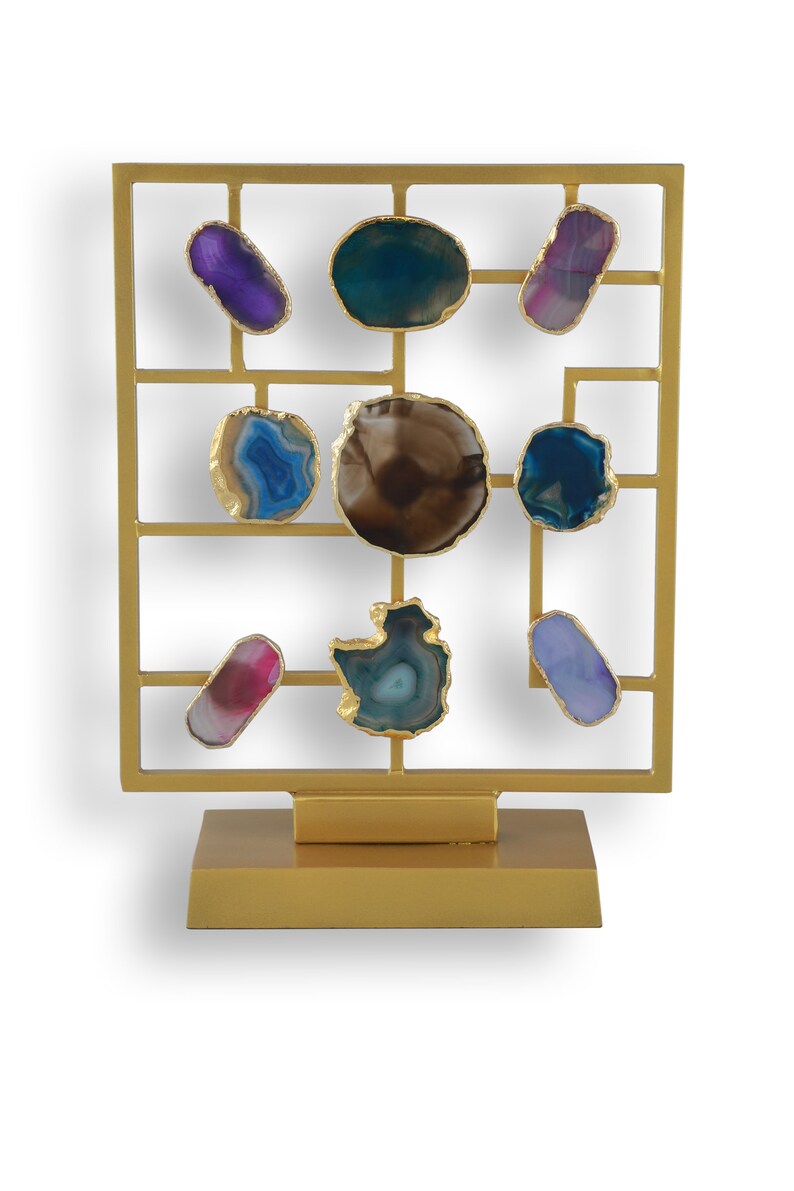 Natural Geode Agate Slice Stand, Crystal Centerpiece, Table Home Décor, Stone Crystal Gold Stand, Housewarming Gift, Living Room Décor