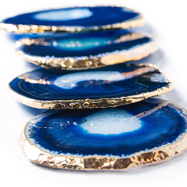 Set of 4 Blue Agate Coasters w/ Gold Trim, Cute Crystal Coasters, Bar Drinkware Accessories, Housewarming Gift for Her, Wedding Table Decor