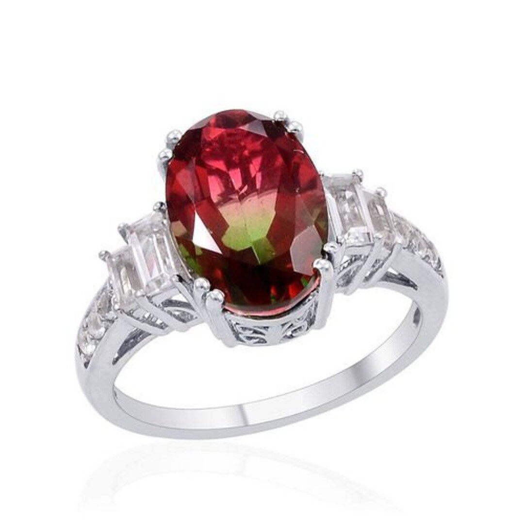Watermelon Tourmaline Quartz Engagement Ring Platinum Overlay Sterling