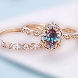 2 Pcs Vintage Alexandrite Engagement Ring Set, Alexandrite Wedding Ring Set, Anniversary Gift, Promise Ring, June Birthstone, Propose Ring,