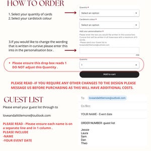 K&ouml;nnte beinhalten: Eine Webseite mit Anweisungen zur Bestellung von Karten, einschlie&szlig;lich der Auswahl von Menge und Kartonfarbe. Sie enth&auml;lt auch einen Abschnitt zur Personalisierung und eine Vorlage f&uuml;r die G&auml;steliste. Die E-Mail-Adresse lautet loveandalittlemore@outlook.com.