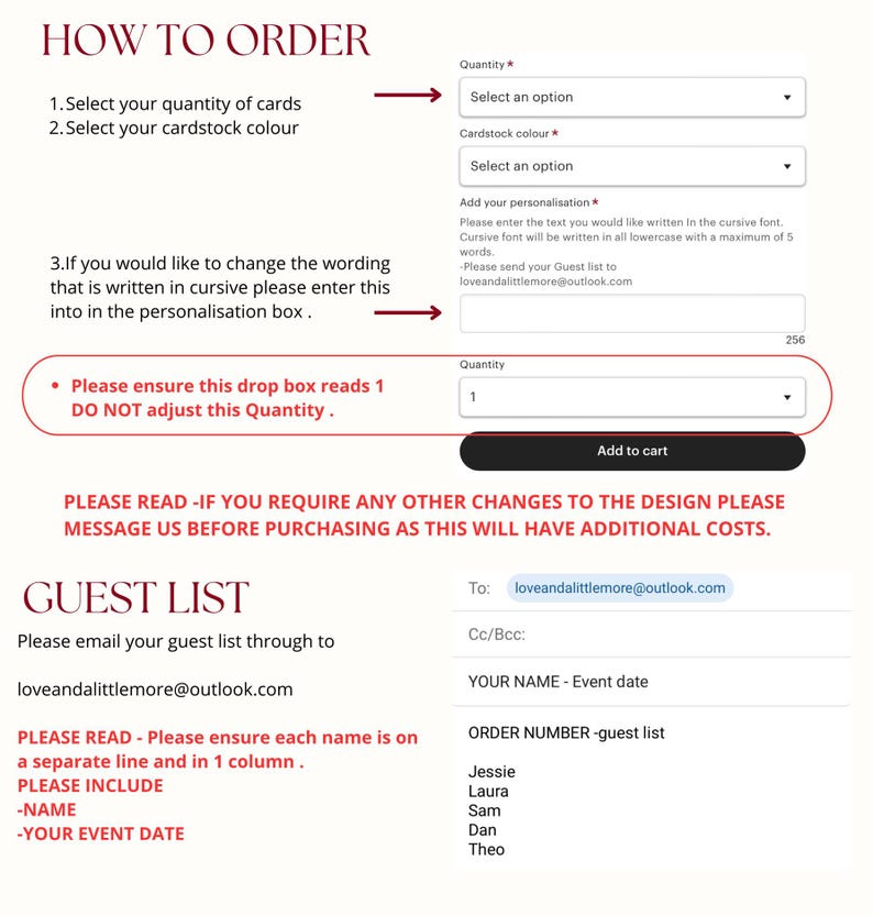 K&ouml;nnte beinhalten: Eine Webseite mit Anweisungen zur Bestellung von Karten, einschlie&szlig;lich der Auswahl von Menge und Kartonfarbe. Sie enth&auml;lt auch einen Abschnitt zur Personalisierung und eine Vorlage f&uuml;r die G&auml;steliste. Die E-Mail-Adresse lautet loveandalittlemore@outlook.com.