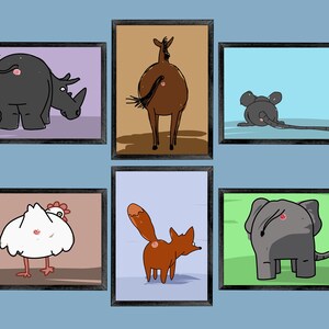 May include: Six framed cartoon animal prints. The animals include a rhino, horse, mouse, chicken, fox, and elephant, each viewed from the rear. The prints are in black frames against a light blue background. The animals are in various colors.