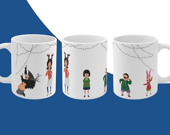 Bob&#39;s Burgers Christmas Mug - Belcher Family Christmas Outfits Dancing - The Bleaken Episode Christmas Mug - Bob, Linda, Tina, Gene, Louise