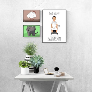May include: Three framed illustrations on a white wall. The top illustration is a brown background with a white chicken. The middle illustration is a green background with a gray elephant. The bottom illustration is a white background with a cartoon man in a white apron and the text "Bad Stuff Happens in the Bathroom".